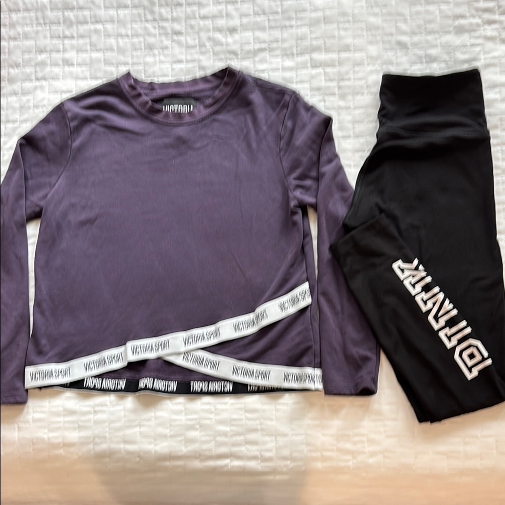 Victoria Secret Pink Cozy Black Leggings and Victoria Sport Purple Top.